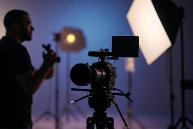 Configuration de caméra vidéo sur un plateau de tournage avec éclairages